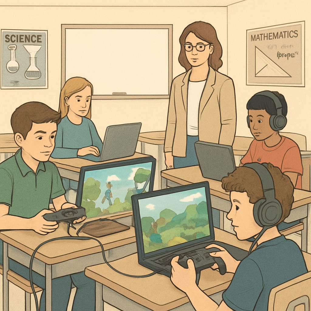 A classroom setting where students use gaming consoles and laptops while participating in an esports-based educational activity. Students engaging in esports-based education activities in a classroom.
