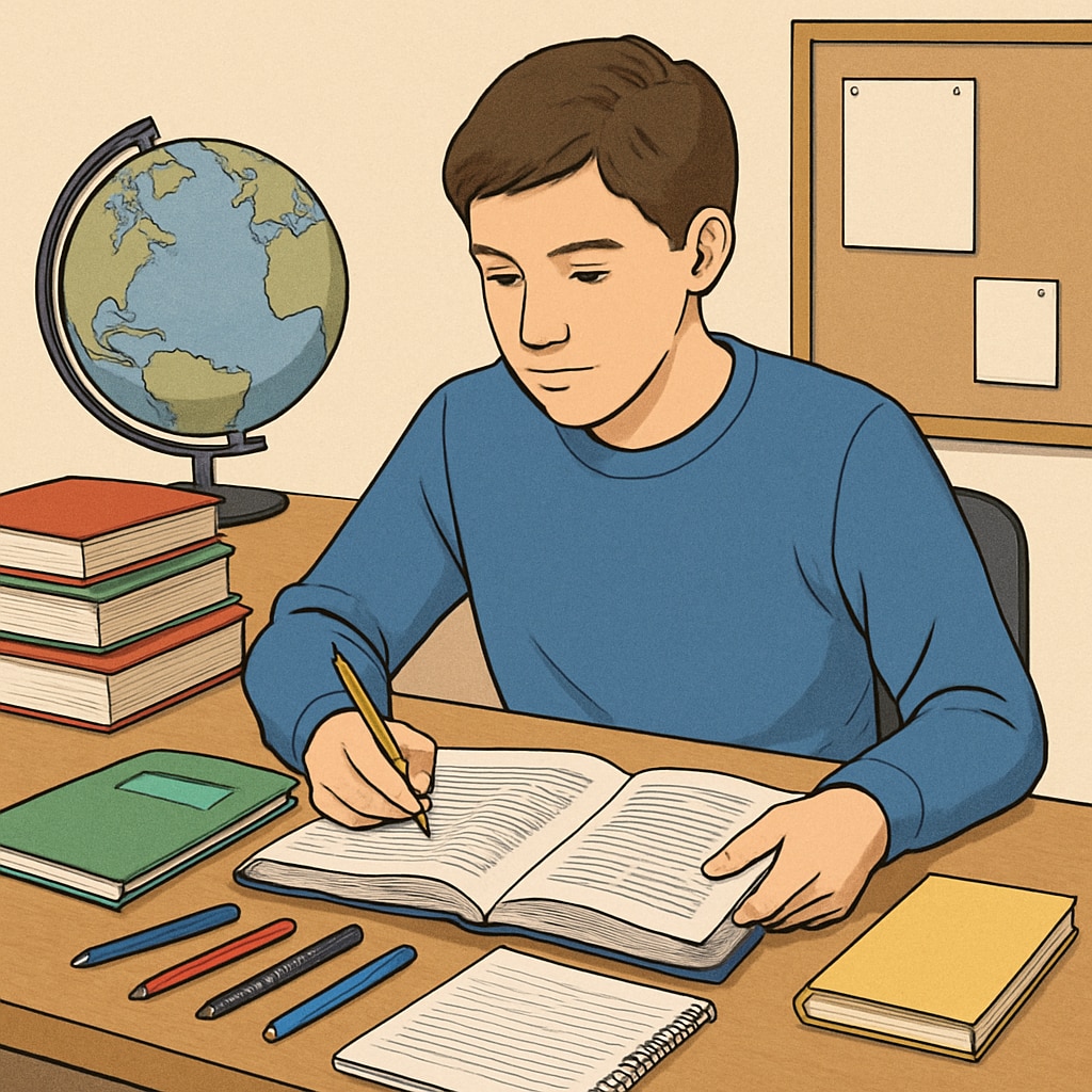 A young individual reviewing study materials at a desk, symbolizing the journey of returning to education in the UK. A young individual studying, symbolizing returning to education in the UK.