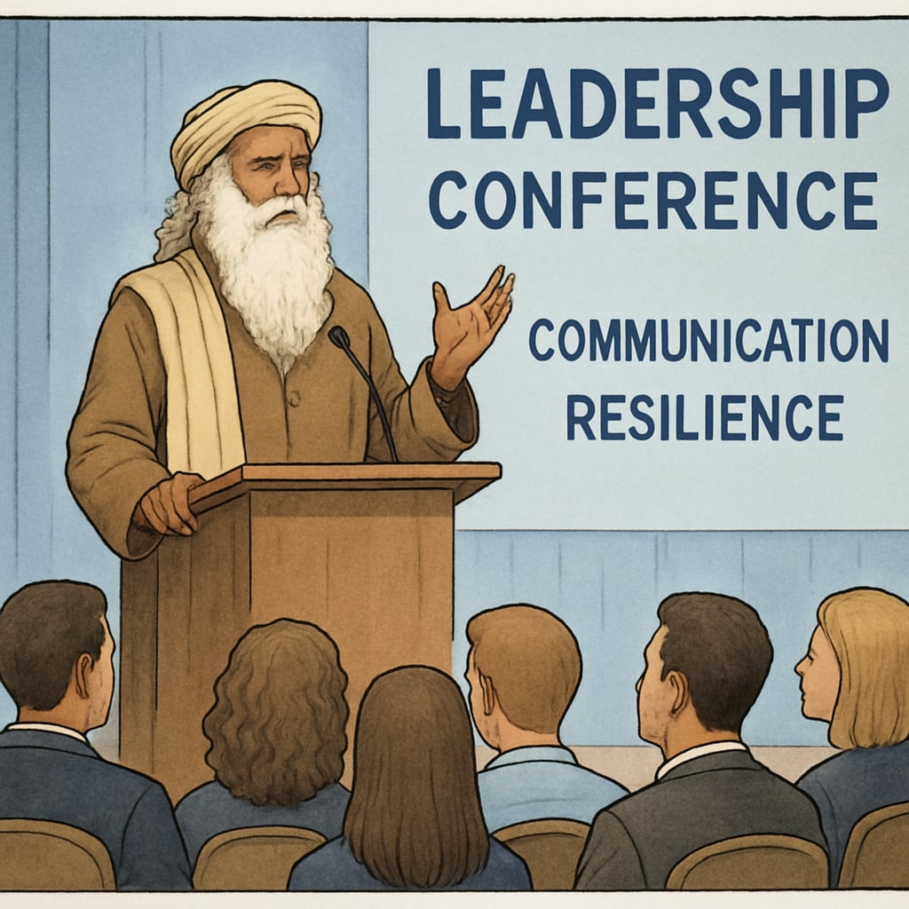 An inspiring image of Sadhguru speaking at a leadership conference, emphasizing communication and resilience. Sadhguru discussing leadership and resilience at a global conference.