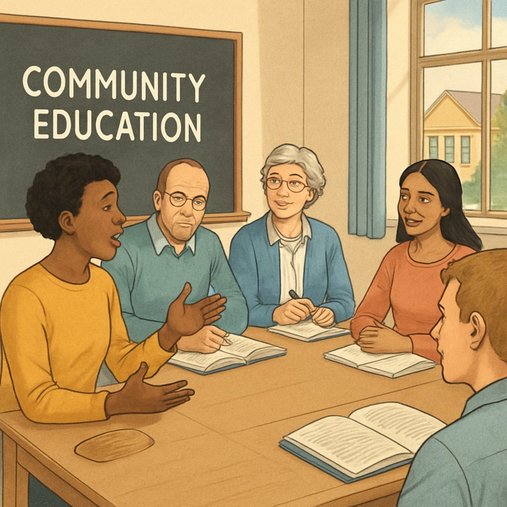 A classroom setting with adult learners engaged in a discussion, illustrating community-based education programs in the UK. Adult learners in a UK classroom setting discussing education.