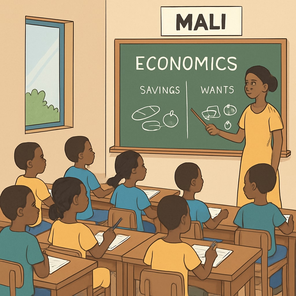 Students in Mali learning financial literacy concepts in a classroom.