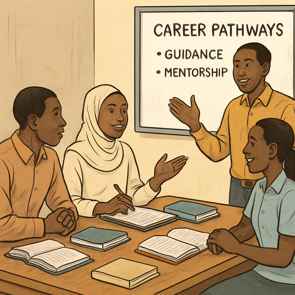 University students in Mali discussing financial career development during a workshop.