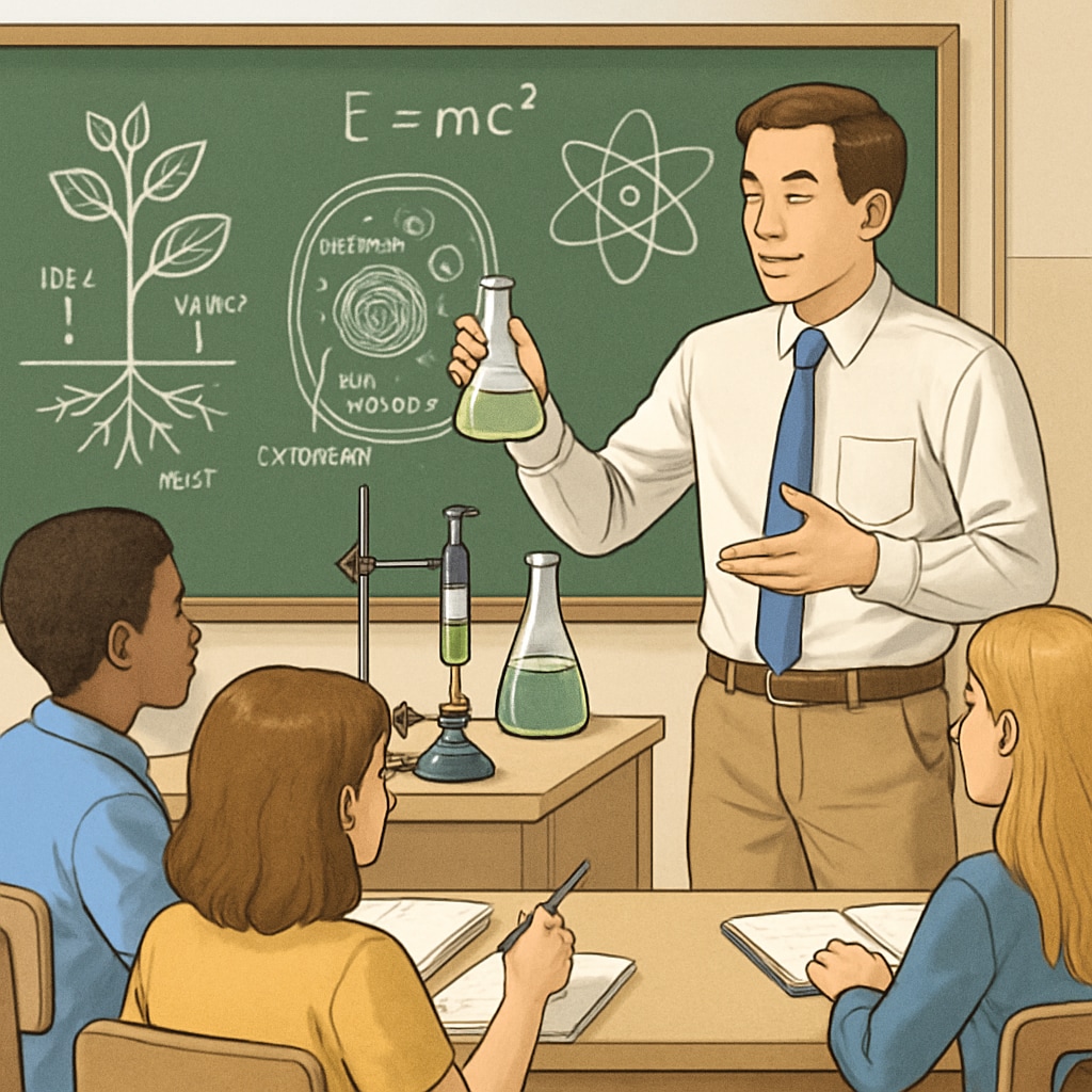 A classroom with a teacher explaining scientific concepts to high school students. The teacher is demonstrating a biology-related experiment to engage students. Biology professional teaching STEM concepts in a high school classroom