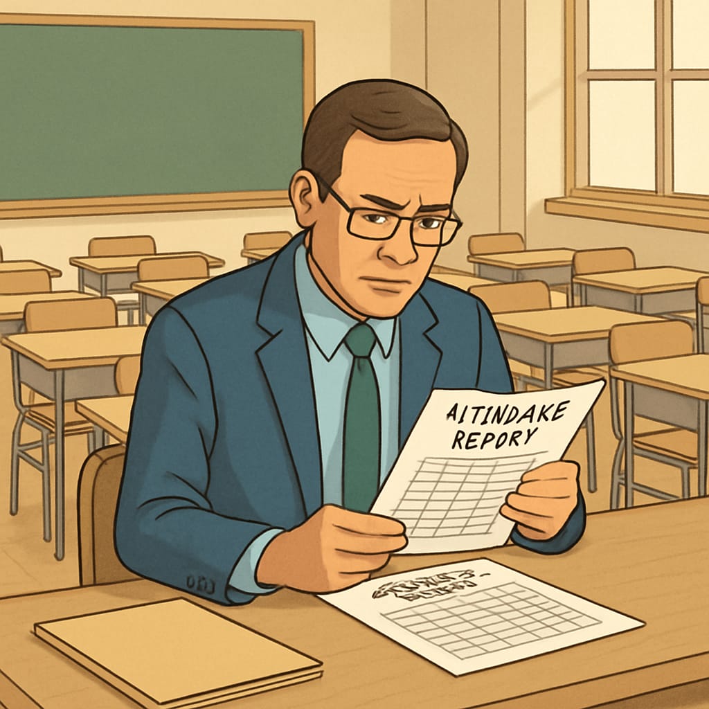 A classroom with empty desks, symbolizing absenteeism, and a school administrator reviewing attendance reports. Empty classroom desks and a school administrator reviewing truancy records, highlighting absenteeism.