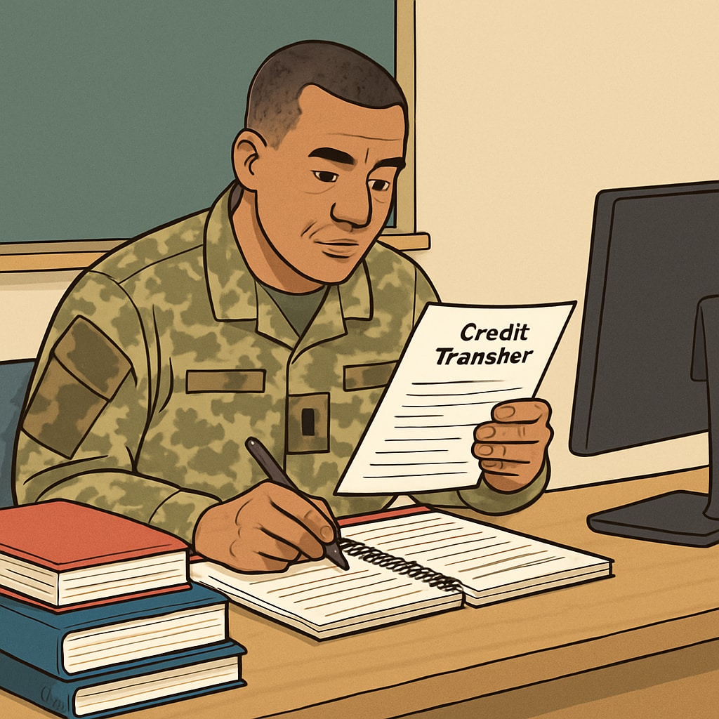 A military veteran reviewing coursework for credit transfer at a university desk. Military veteran evaluating credit transfer for automotive technology degree.