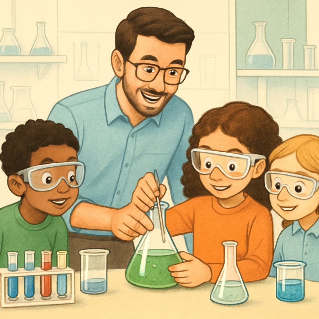 A student teacher conducting an experiment with a group of young learners in a science lab. The emphasis is on active learning and hands-on experimentation. Biology graduate turned educator guiding students in a science experiment