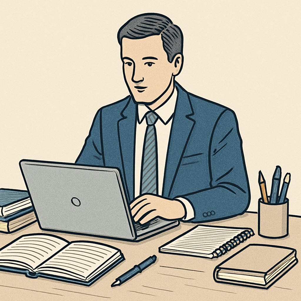 A professional working on a laptop with study materials spread around, symbolizing the balance between career and education. A professional balancing career and education with study materials.