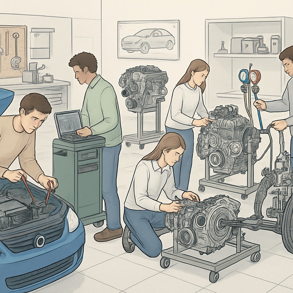 An automotive engineering lab with advanced equipment and students working on vehicle systems. Students in an automotive engineering lab working on vehicle systems.