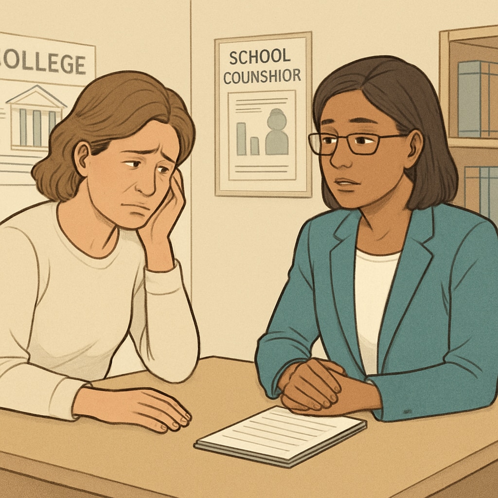 A concerned parent in discussion with a school counselor, highlighting the tension between truancy policies and family challenges. A parent and school counselor discussing the impact of truancy policies on students and families.