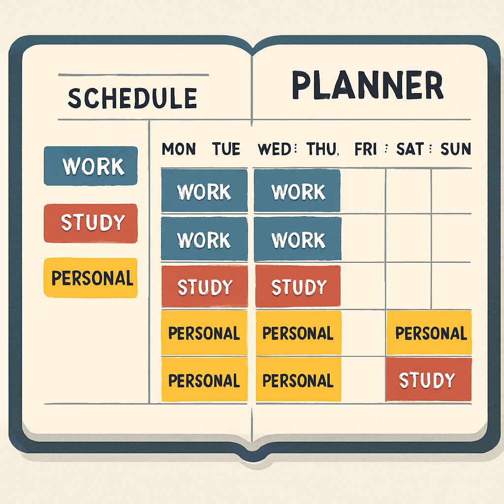 A planner or calendar showing a well-organized schedule with color-coded tasks for work, study, and personal time. A well-organized schedule for balancing work, study, and personal time.