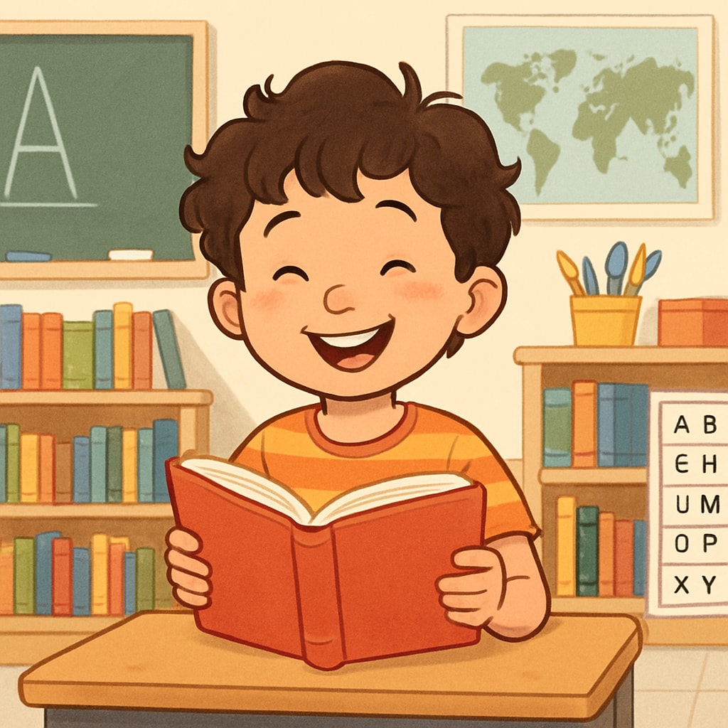 A child reading happily in a classroom setting, surrounded by books and educational materials. This image emphasizes the joy of reading and ties into the article's focus on promoting reading motivation. A child reading in a classroom using free alternatives to A.R. systems