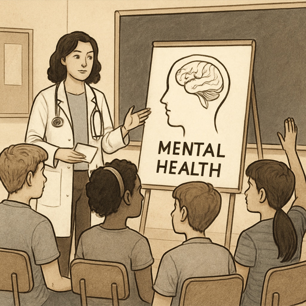 A medical student speaking to a group of high school students during a mental health assembly, emphasizing collaborative learning and interactive discussions. Medical student leading a mental health assembly in a high school setting.
