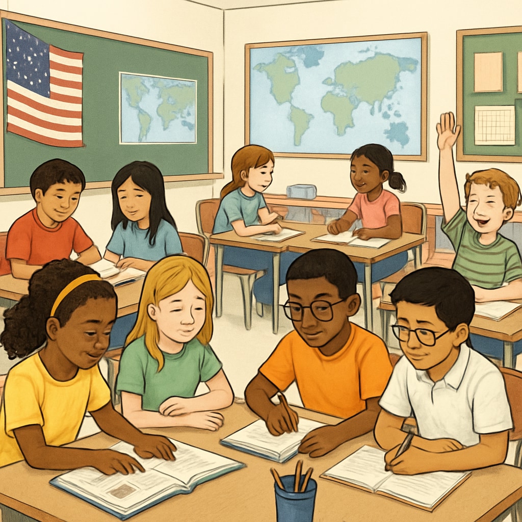 A diverse classroom in the U.S. with students engaged in group learning activities, representing inclusivity in education. U.S. classroom with diverse students engaged in group learning, highlighting inclusive education.