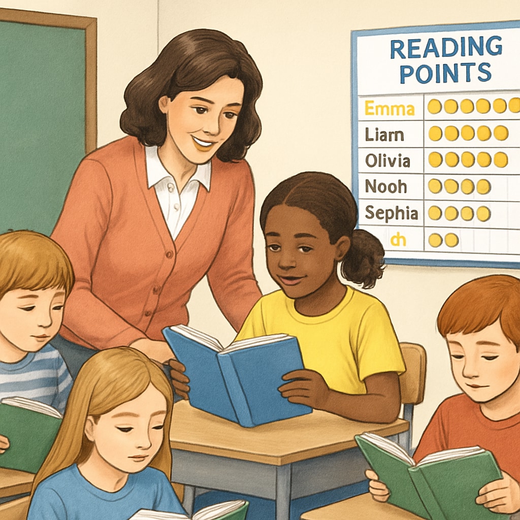 A teacher working with students on a reading project, featuring a visible leaderboard or reward chart in the classroom. This illustrates the implementation of a points system for reading motivation. A teacher and students using a points system for reading comprehension