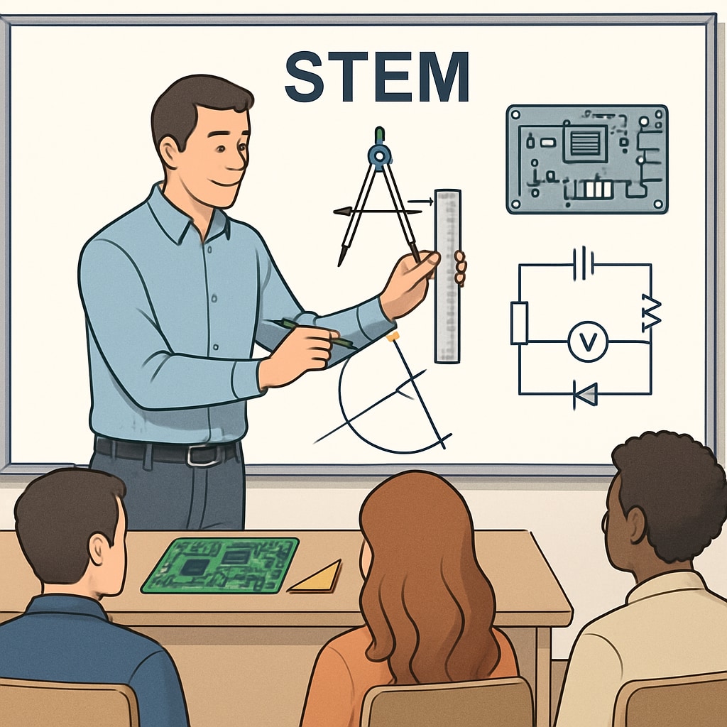 STEM educator teaching engineering concepts in a classroom.