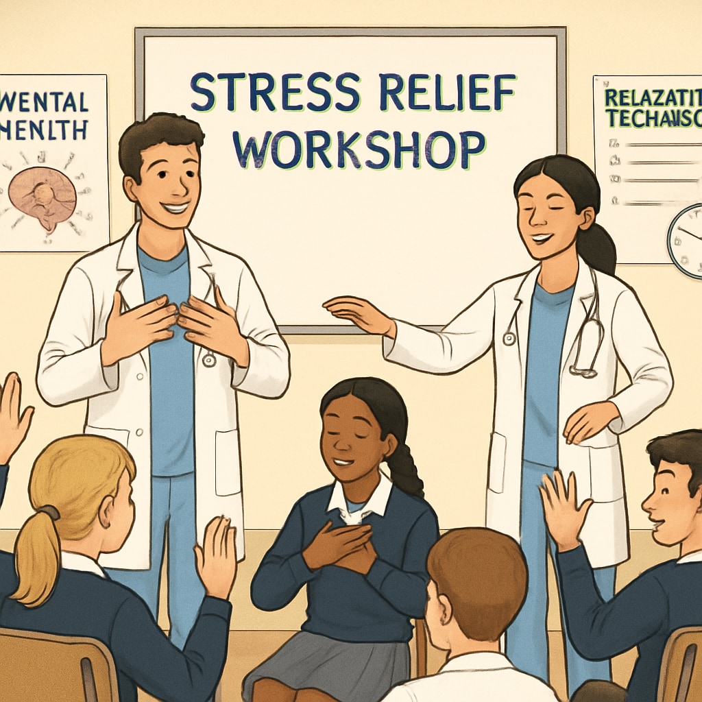 A group of high school students participating in a stress relief workshop led by medical students during an assembly. High school students engaging in stress relief activities during a mental health assembly led by medical students.