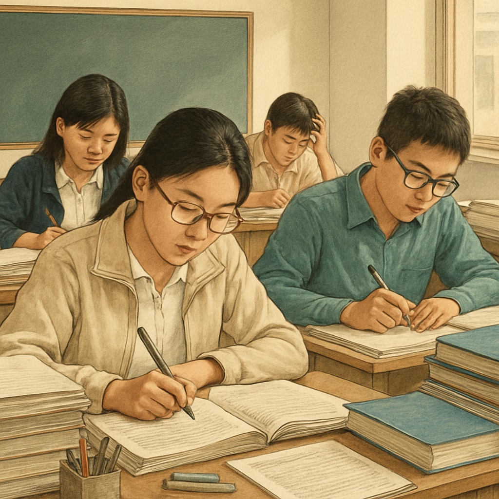 Chinese students in a classroom intensely preparing for exams, symbolizing the high-stakes testing culture. Chinese students preparing for exams, representing the importance of testing in education.