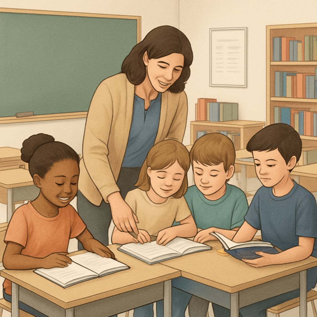 A classroom setting where a teacher is guiding students through reading exercises, emphasizing collaborative learning. Teacher guiding students in a reading comprehension activity.