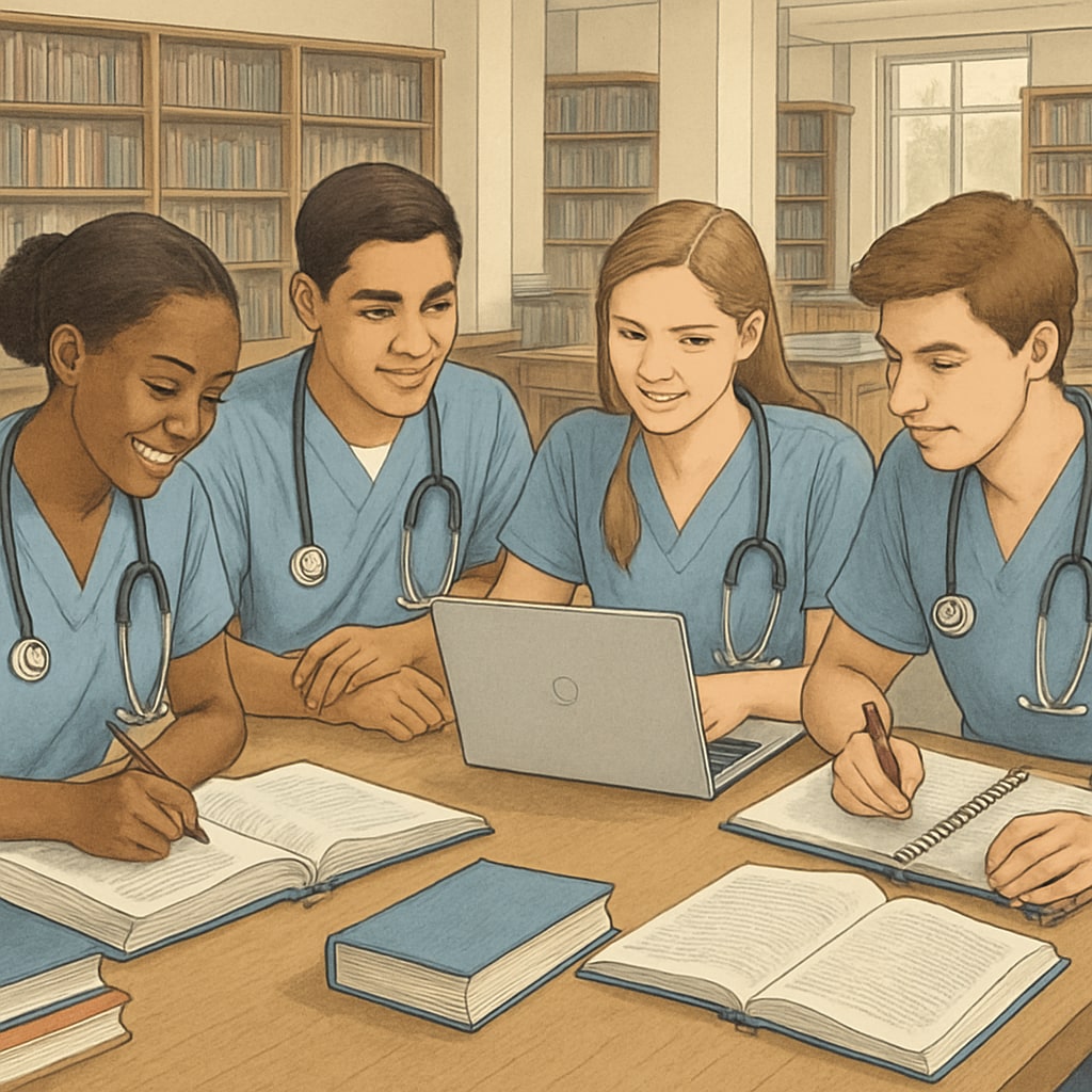 A group of nursing students studying together in a university library, showcasing teamwork and academic focus. Nursing students collaborating in a library for academic success.