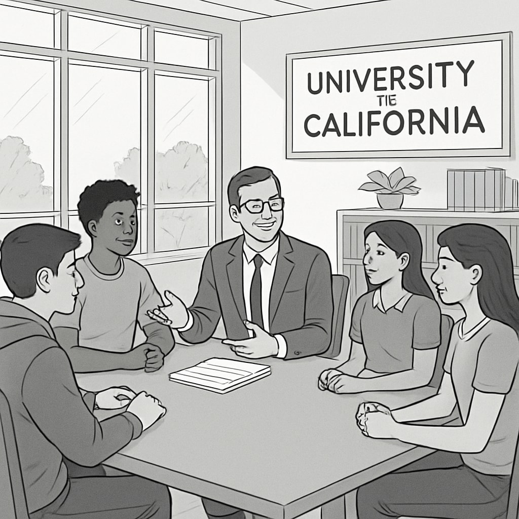 A group of high school students discussing college plans with a University of California advisor in a bright, modern office setting. K12 students consulting with a University of California advisor about college planning.