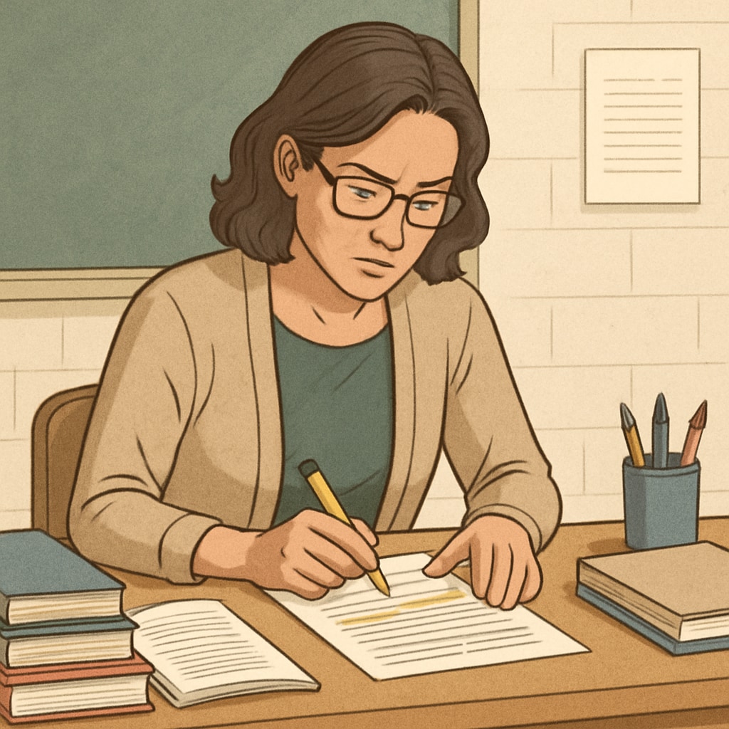 A teacher reviewing reading materials at her desk, highlighting text sections for complexity evaluation. Teacher evaluating reading materials for complexity.