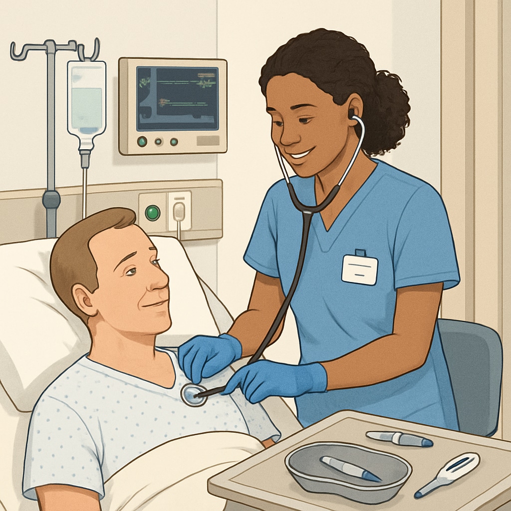 A nursing student practicing clinical skills in a hospital setting, highlighting hands-on learning opportunities. Nursing student performing clinical training in a healthcare environment.