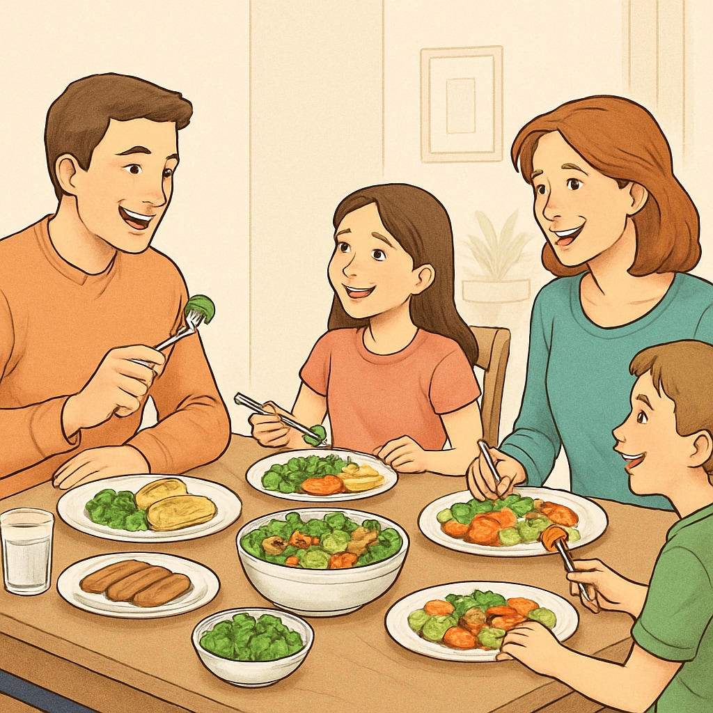 A family sitting together at a dinner table, sharing a healthy meal and engaging in cheerful conversation. Family sharing a healthy meal and bonding over conversation.