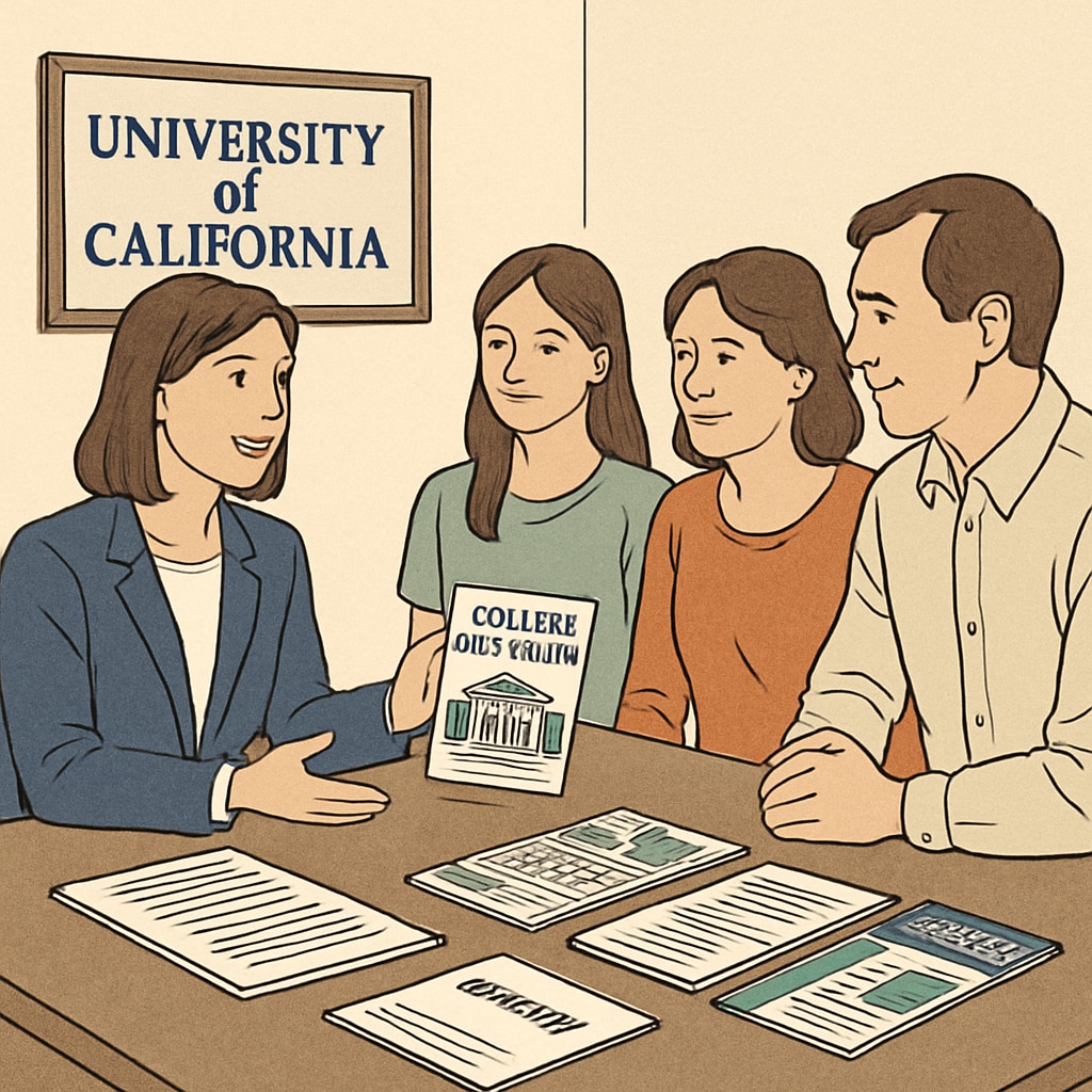 A University of California staff member guiding a family through the college admissions process with documents and brochures laid out on a table. University of California staff member helping a family with college admissions.