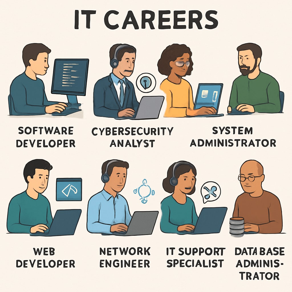 A dynamic image depicting various IT career roles, such as software developers, cybersecurity analysts, and data scientists, with labeled icons for each profession. IT career roles overview with icons for software developers, cybersecurity analysts, and data scientists.