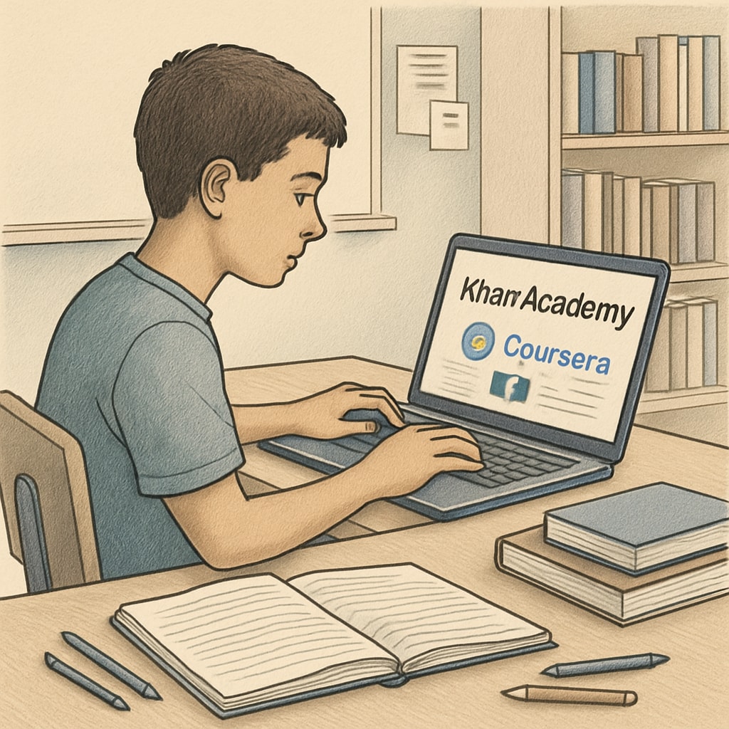 A student sitting at a desk using a laptop to access online learning platforms like Khan Academy or Coursera. High school student exploring online education courses and study resources on a laptop.