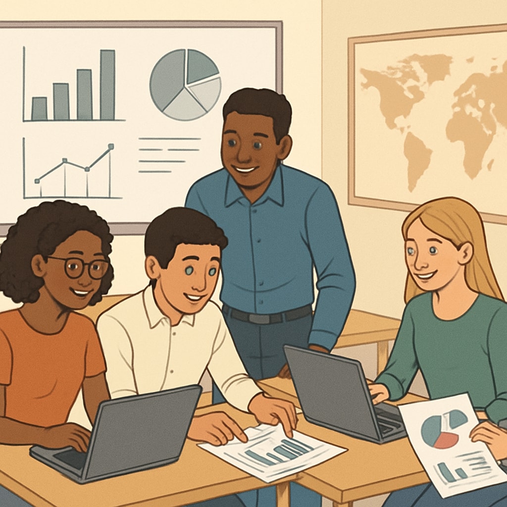 A classroom of diverse students working on data science projects, representing international education. Diverse students collaborating on data science in a classroom.
