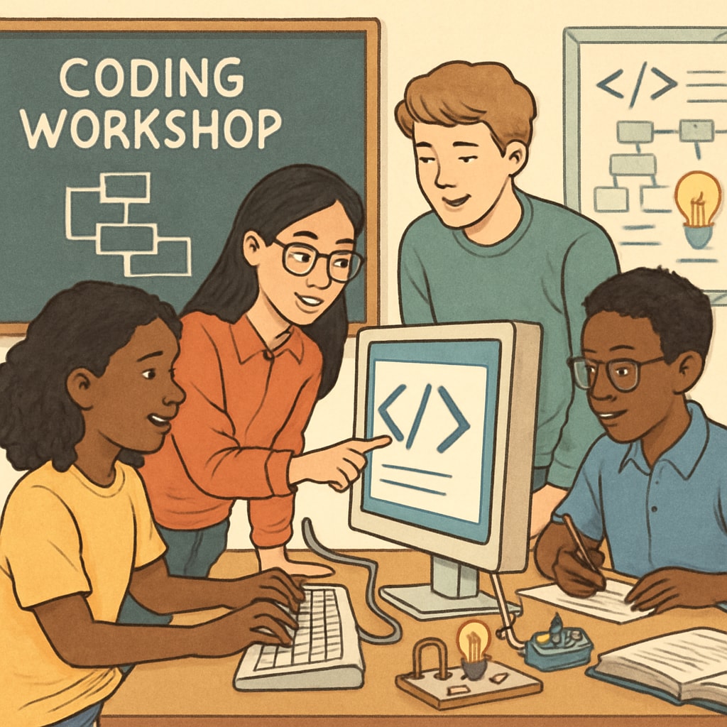 An engaging image of students participating in a coding workshop, showcasing teamwork and innovation in a learning environment. Students collaborating in a coding workshop to explore IT career paths.