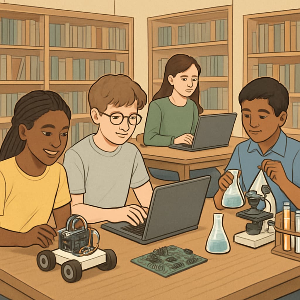 A group of students collaborating in a community library workshop focused on STEM education. High school students engaging in hands-on extracurricular learning at a library workshop.