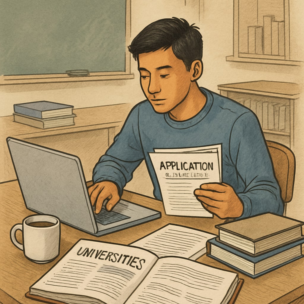 An international student at their desk, preparing application documents and researching universities. International student organizing application documents for U.S. universities.