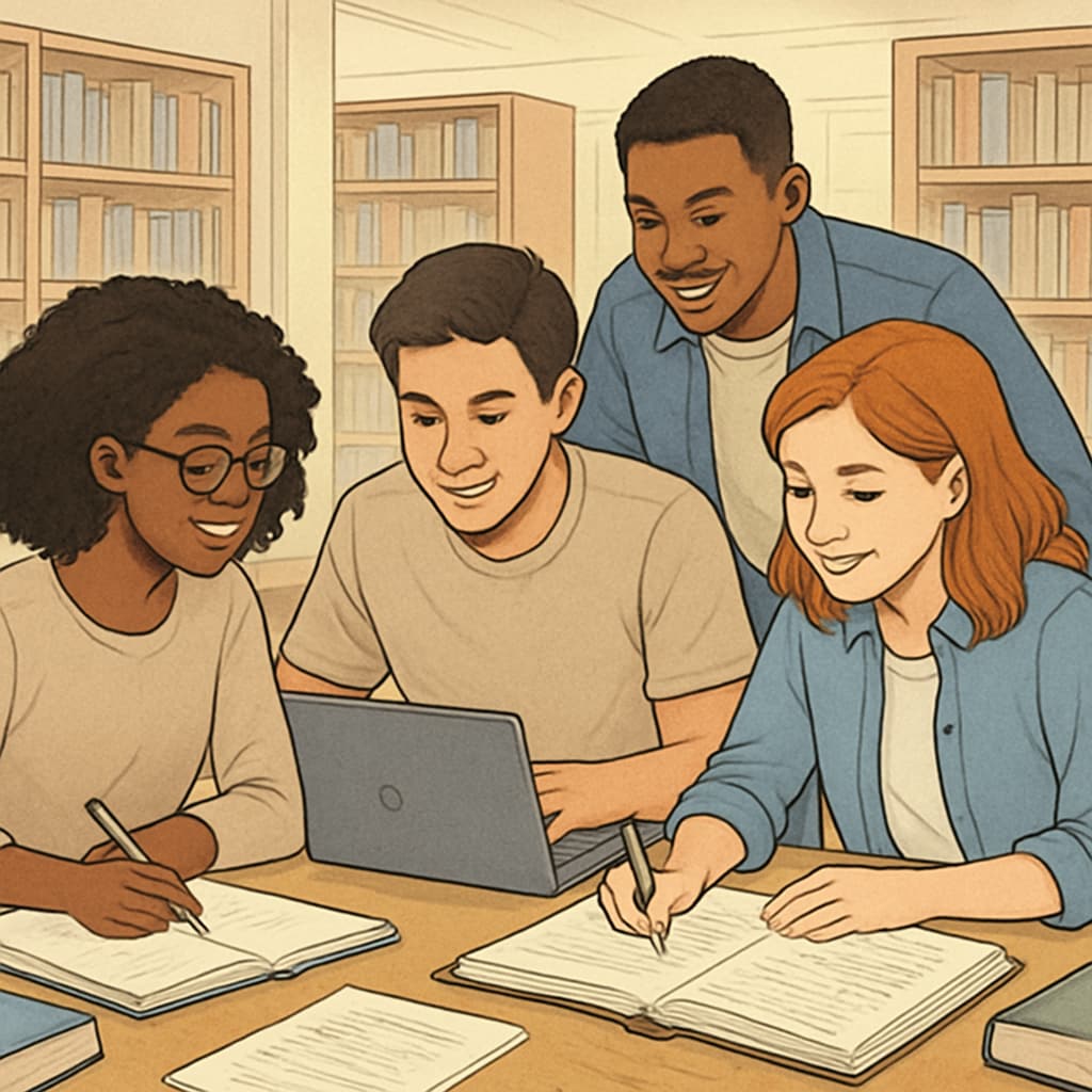 A diverse group of students collaborating on a college project in a library. Diverse students working together on an academic project in a library.