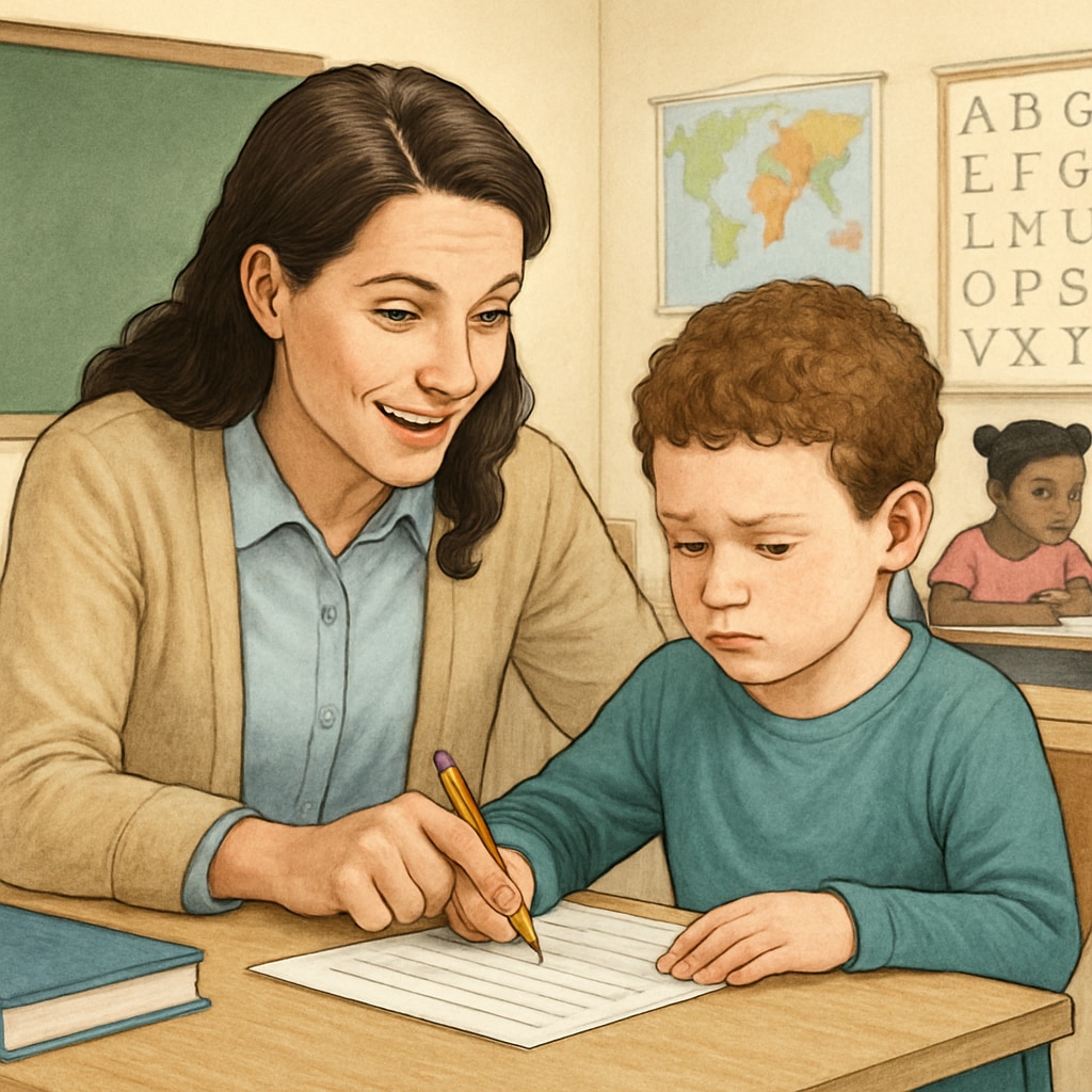 A teacher assisting an autistic child in a classroom setting, showing engagement and individualized support. Special education teacher assisting an autistic child, demonstrating effective teaching strategies.