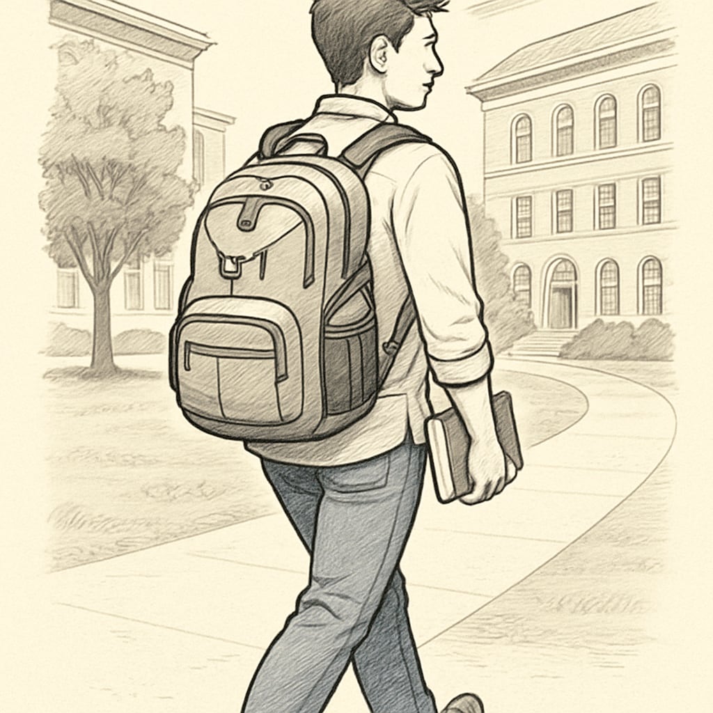 A college student walking on campus with a practical backpack, showcasing ergonomic straps and multiple compartments. College student with a practical backpack, highlighting comfort and space.