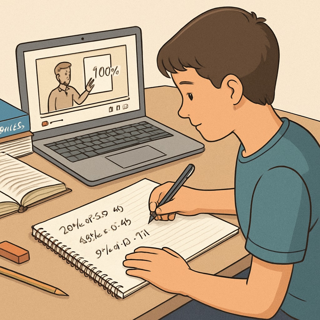 A student solving percentage problems on a notebook, with resources like YouTube tutorials open on a laptop. Student studying percentages using YouTube learning resources for campus recruitment math tests.