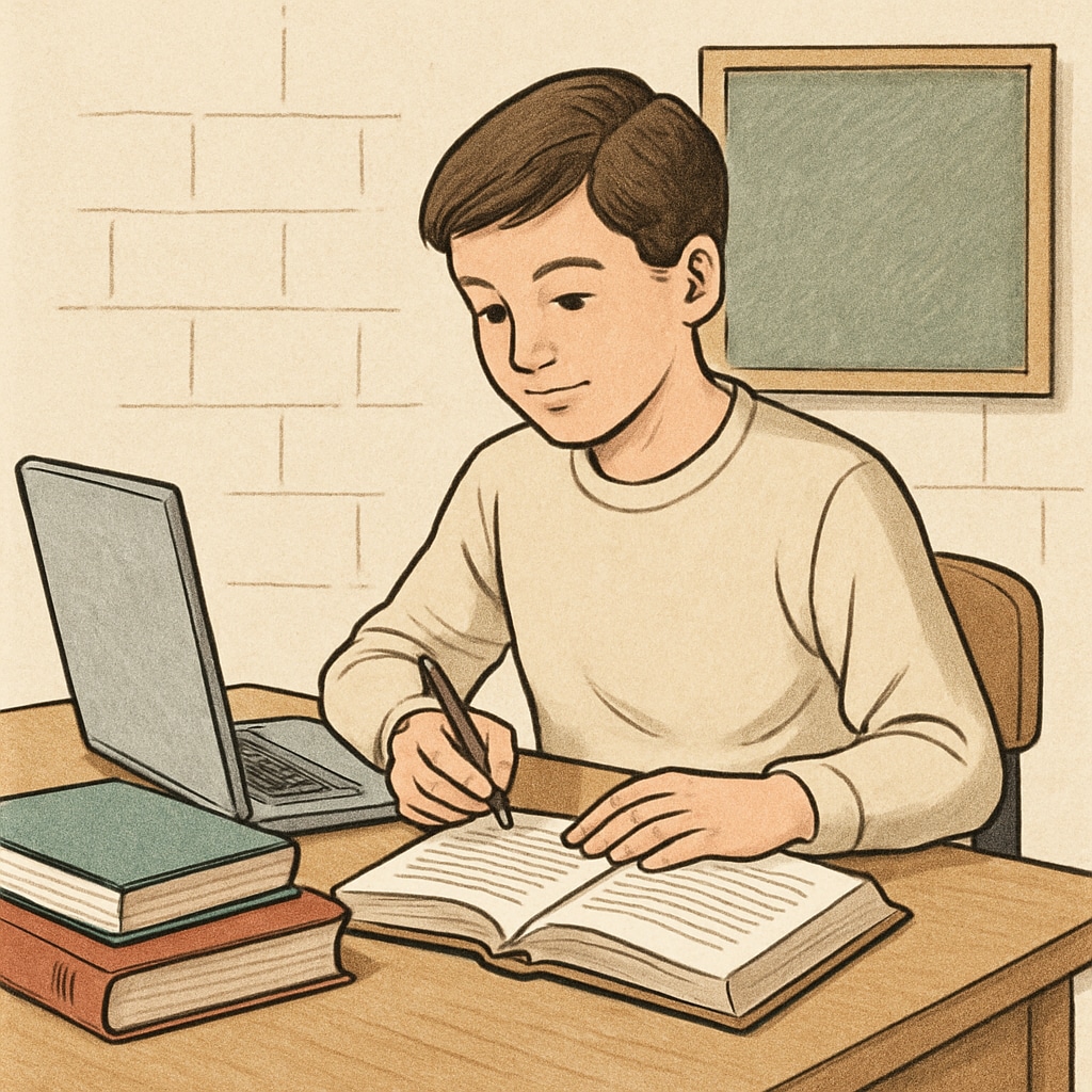 A young person sitting at a desk with books and a laptop, symbolizing a return to learning. A young person studying at a desk, representing UK youth returning to education.