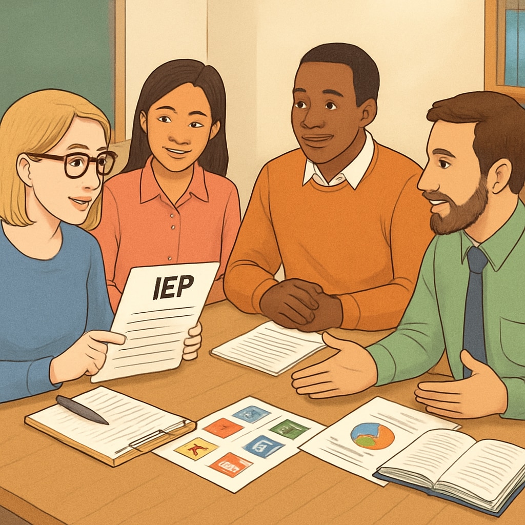 A group of educators collaborating on an Individualized Education Plan (IEP) for a student with autism. Educators planning an Individualized Education Plan for a child with autism in special education.
