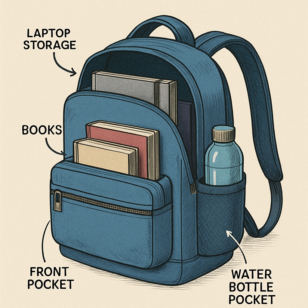 A detailed image of a college backpack with labeled compartments, showcasing laptop storage, a water bottle pocket, and space for books. Detailed view of college backpack compartments for organization and space.