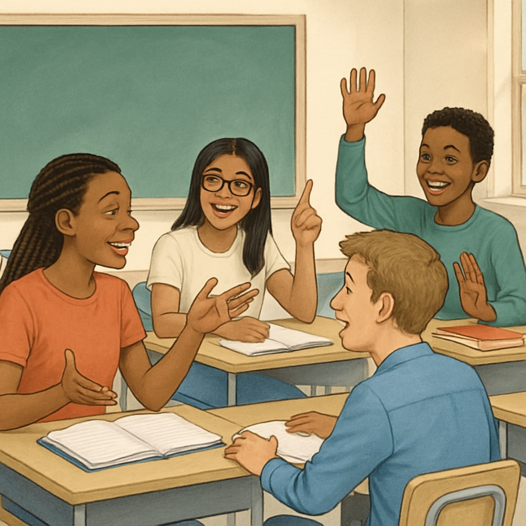 A group of students in a classroom setting, actively participating in a discussion. Students engaging in a classroom discussion, symbolizing collaboration in education.