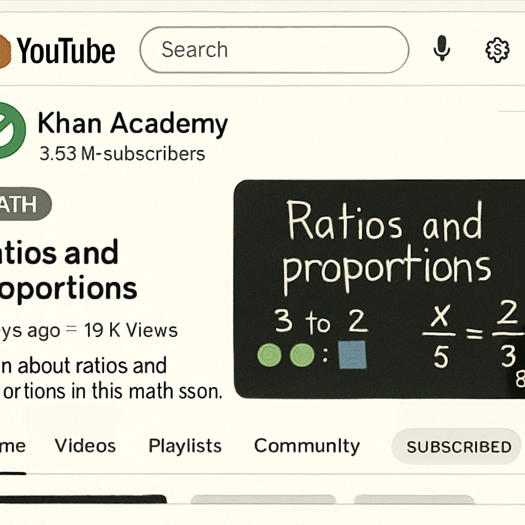 A screenshot of Khan Academy's YouTube channel showcasing a math tutorial on ratios and proportions. Khan Academy tutorial on ratios and proportions for math ability tests preparation.