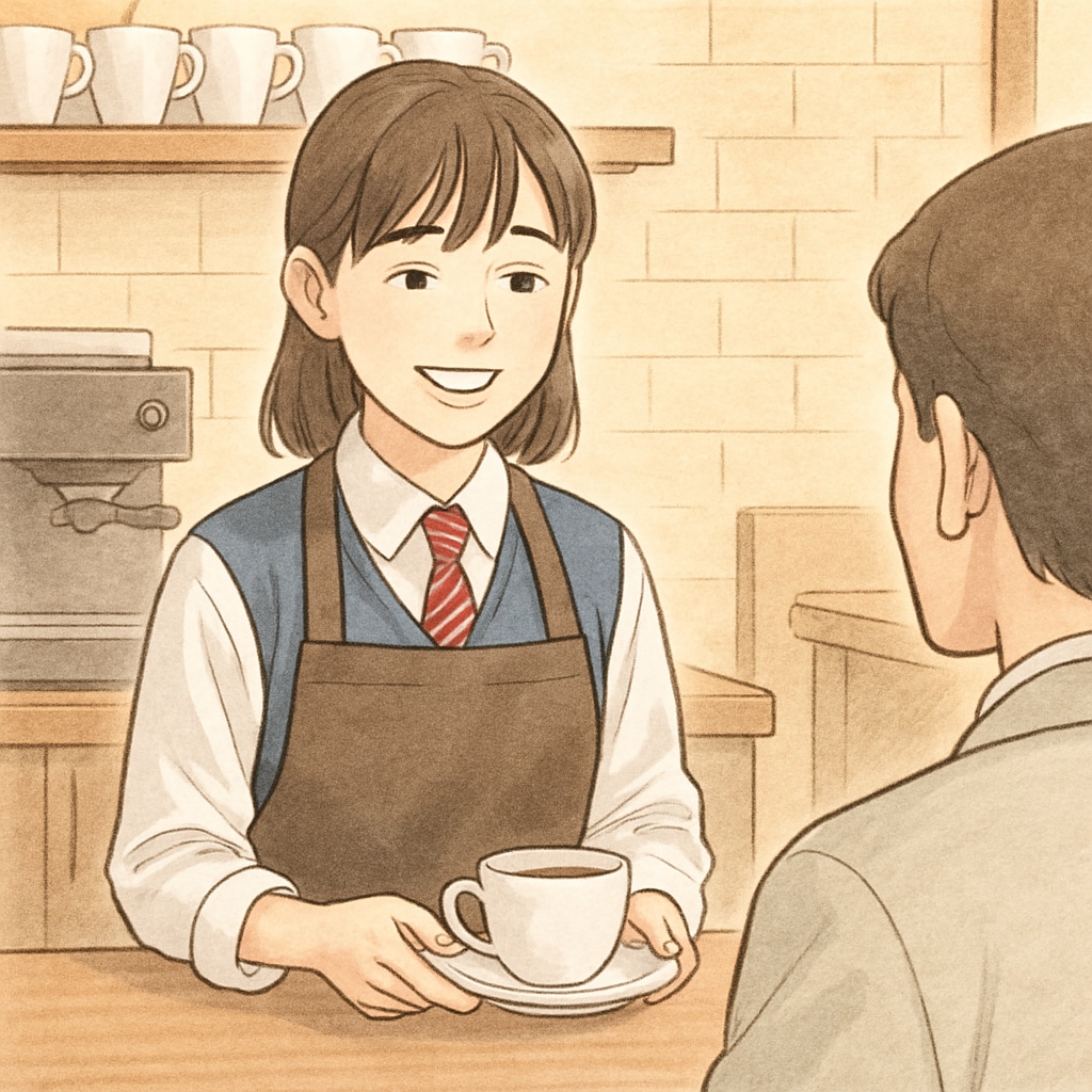 A high school student working at a café, smiling while interacting with a customer. This image reflects the theme of students balancing part-time work and studies. High school student working at a café, balancing part-time work and studies