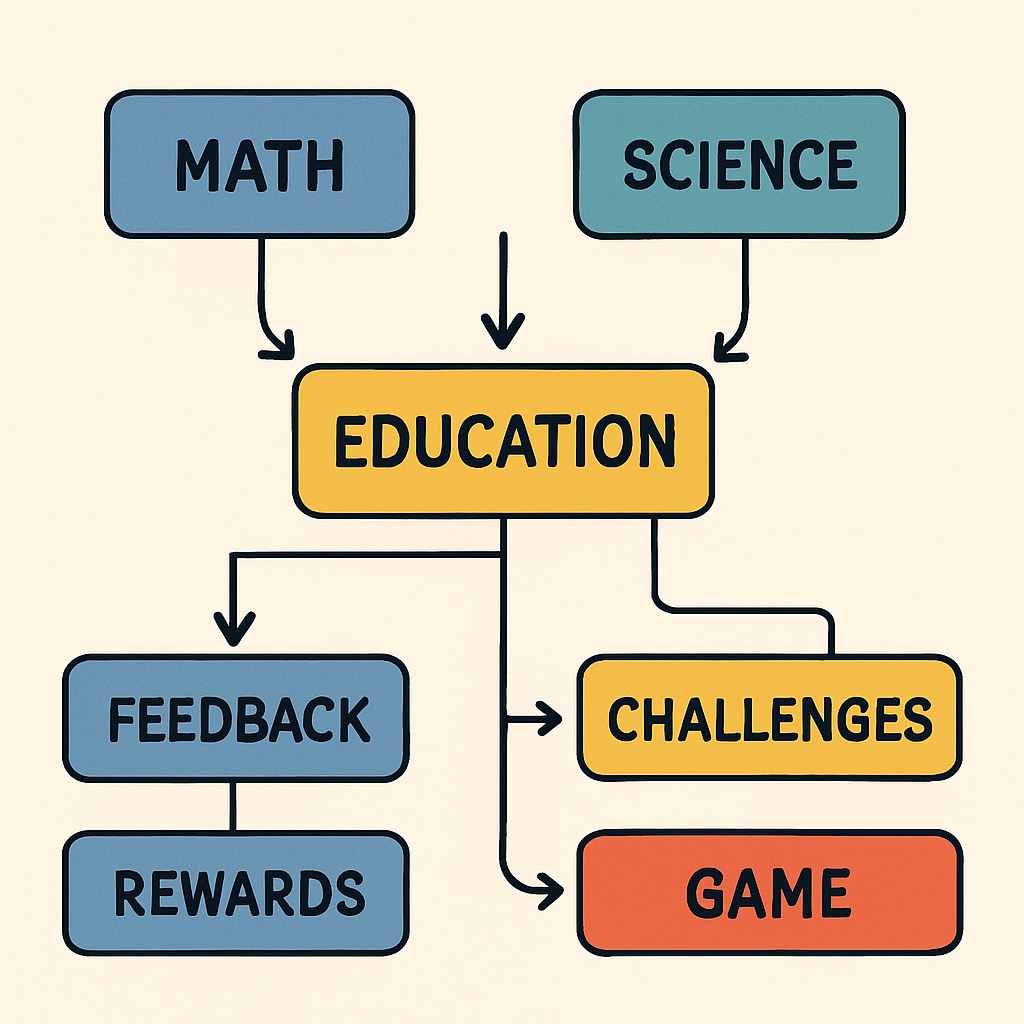 A flowchart illustrating how gamification connects core subjects like math and science with gaming principles. A visual representation of gamified learning linking academic subjects with game design.