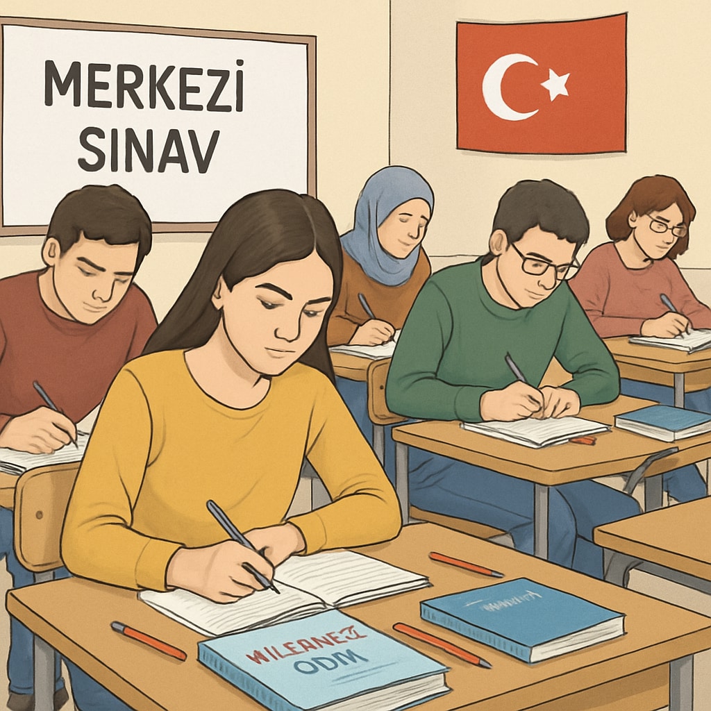 A classroom in Turkey showing students preparing for a centralized exam, symbolizing the pressure to perform in a competitive education system. Students in a Turkish classroom preparing for exams under the current centralized education system.