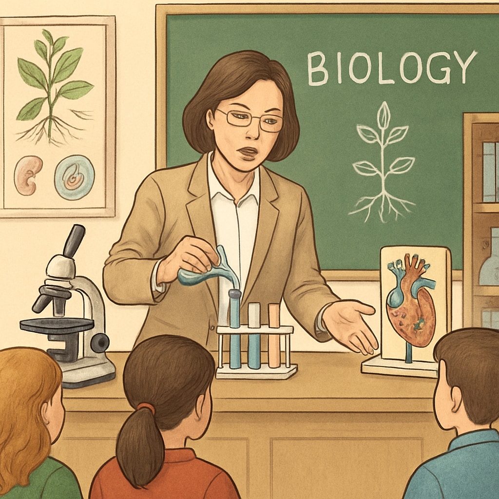Biology teacher conducting an experiment in a classroom setting.