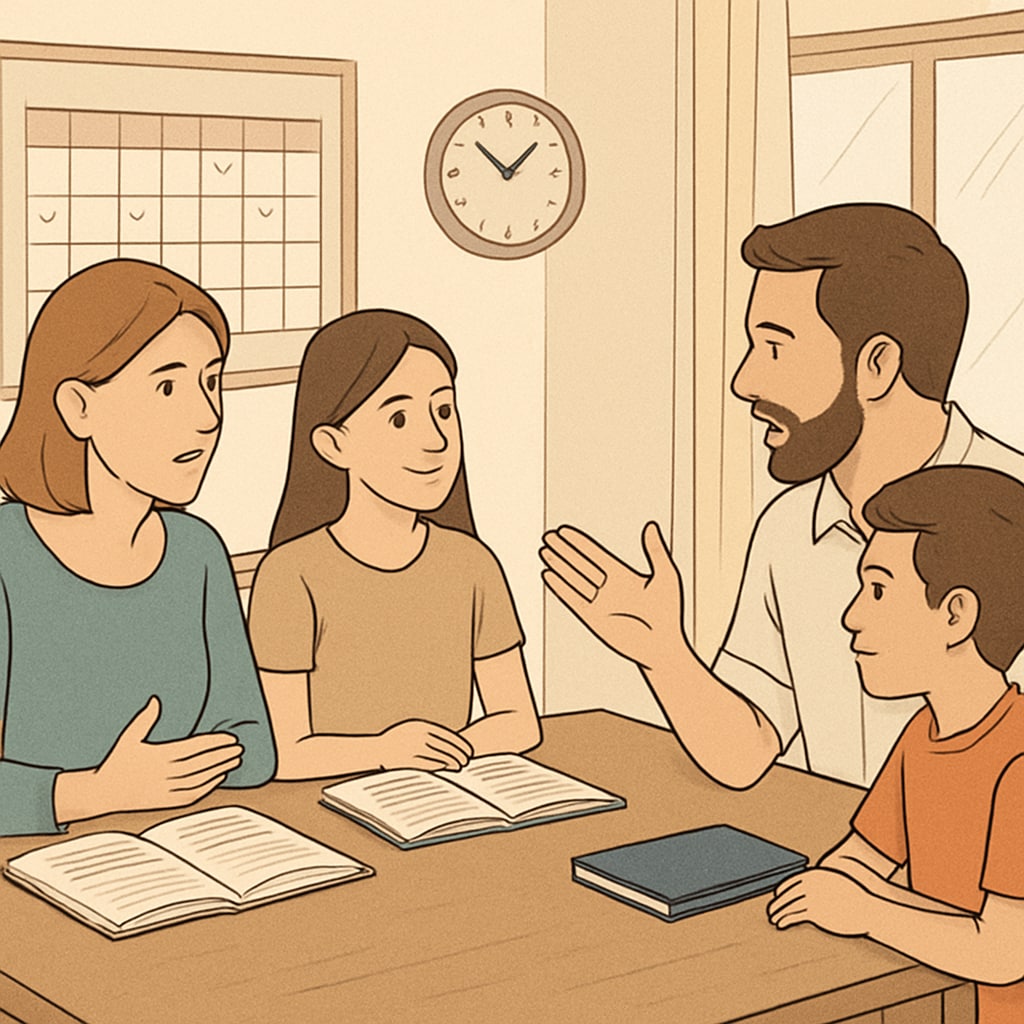 A family discussing work and school schedules at a dining table, emphasizing open communication and planning. Family discussing work and school schedules, highlighting balance and communication