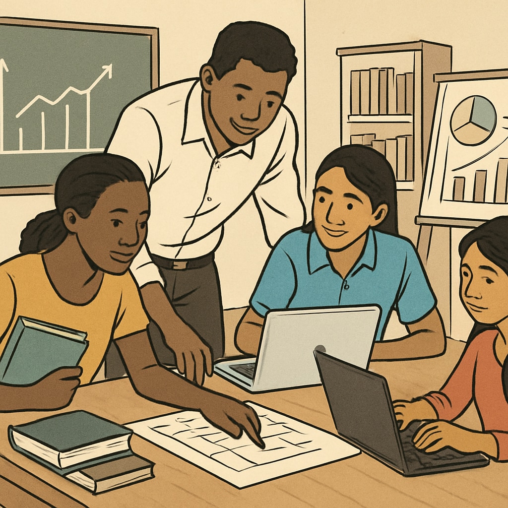 A group of financial students in a developing country working together on a project, symbolizing collaboration and resource-sharing. Financial students collaborating on a project in a developing country.