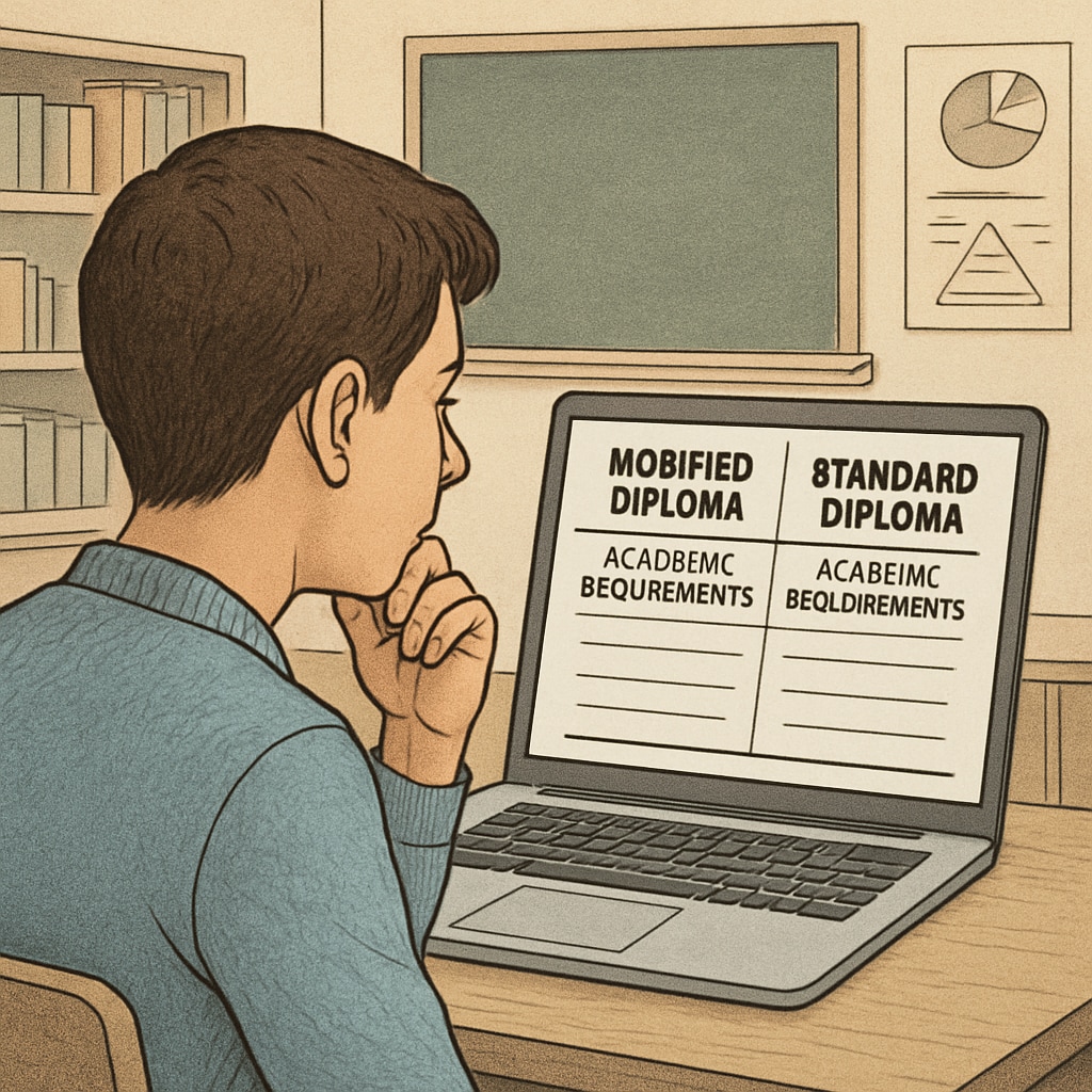 A student comparing academic requirements on a laptop, symbolizing the dilemma between modified and standard diplomas. A student reviewing diploma options online, representing academic decision-making.